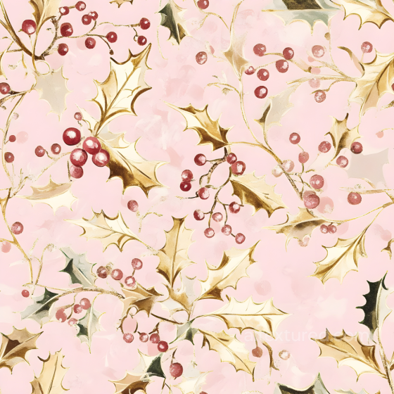 All Christmas Digital paper Texture of Gold Holly Leaves with Red Berries on Soft Pink All Christmas Digital paper texture preview