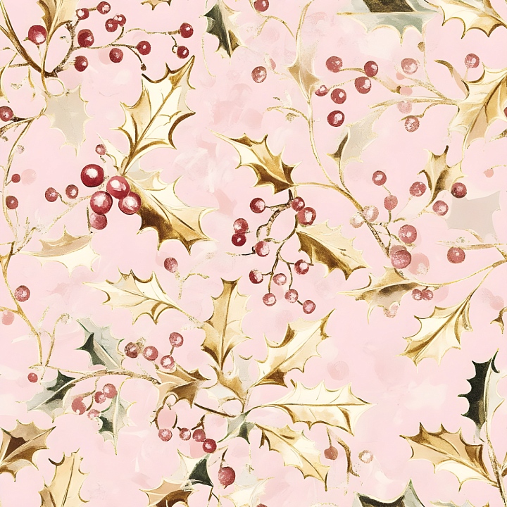 All Christmas Digital paper of Gold Holly Leaves with Red Berries on So… seamless PBR texture preview