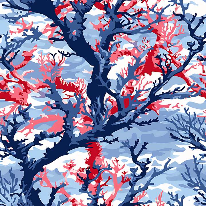 Stylized Naval Camouflage in Blue and Red Coral Pattern seamless PBR texture preview
