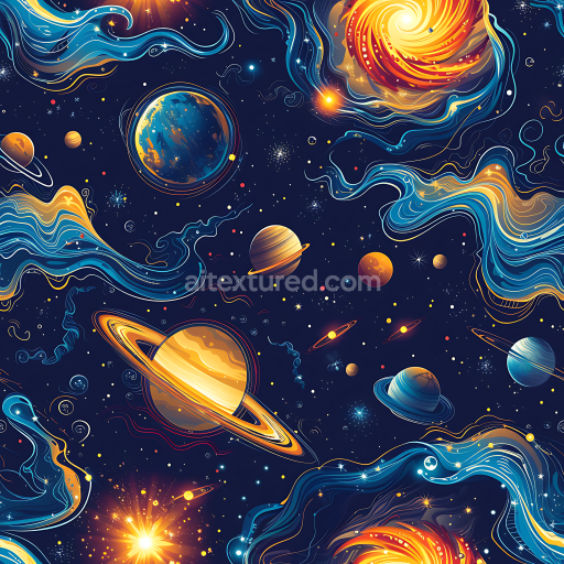 Seamless 3D Space PBR Texture Featuring Vibrant Cosmic Nebula, Planets, and Starfield