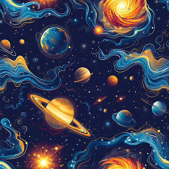 Space Featuring Vibrant Cosmic Nebula, Planets, and Starfield seamless PBR texture preview