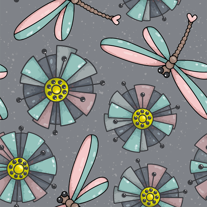 Cartoon Dragonfly Patterned Fabric with Pastel Colors seamless PBR texture preview