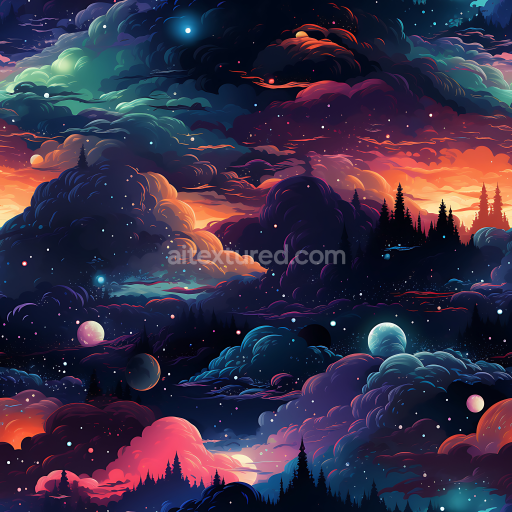 Seamless 3D Space PBR Texture Featuring Cosmic Nebula Clouds and Starfield