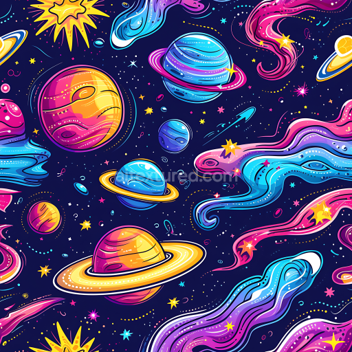 Seamless 3D PBR Space Texture with Colorful Cartoon Planets & Cosmic Trails