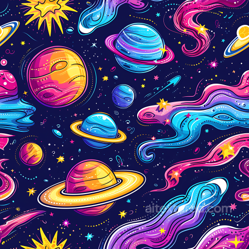 Space Texture with Colorful Cartoon Planets & Cosmic Trails seamless Star, space, planets PBR texture