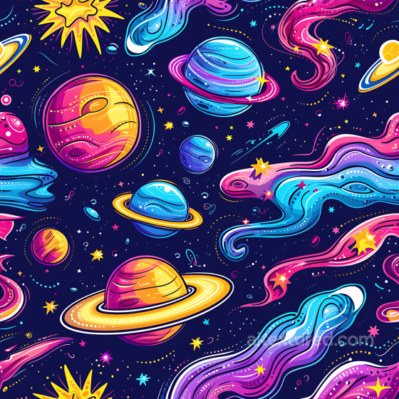 Space Texture with Colorful Cartoon Planets & Cosmic Trails Star, space, planets texture preview