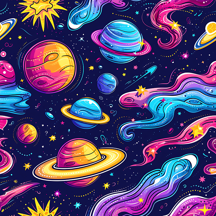 Space with Colorful Cartoon Planets & Cosmic Trails seamless PBR texture preview