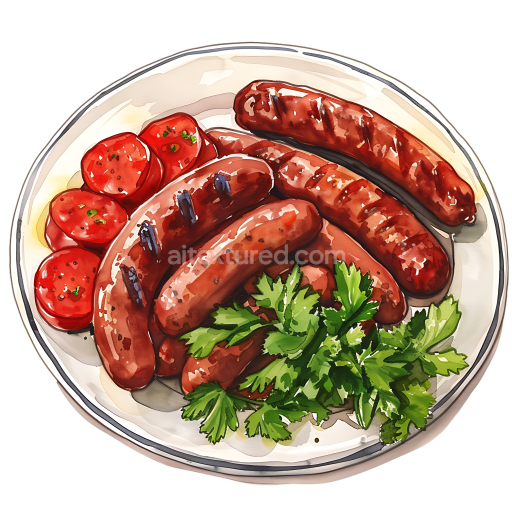 Breakfast Platter Featuring Mixed Sausages with Fresh Tomatoes and Parsley Illustration