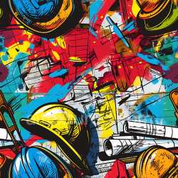 seamless Seamless 3D PBR Texture Featuring Vibrant Graffiti of Hard Hats and Blueprints texture 8k free download PBR