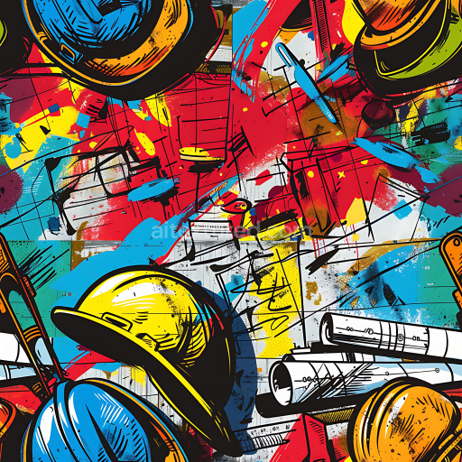 Seamless 3D PBR Texture Featuring Vibrant Graffiti of Hard Hats and Blueprints