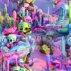 seamless Seamless 3D PBR Texture Featuring Neon Graffiti Skulls and Dripping Paint with Cacti texture 8k free download PBR