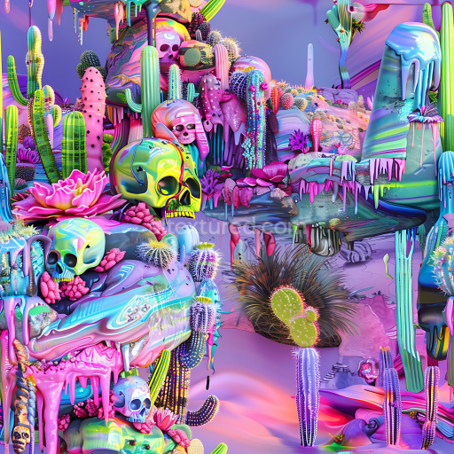 Seamless 3D PBR Texture Featuring Neon Graffiti Skulls and Dripping Paint with Cacti