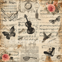 seamless Seamless Vintage Scrapbook 3D PBR Texture with Musical Notes, Instruments & Floral Accents texture 8k free download PBR