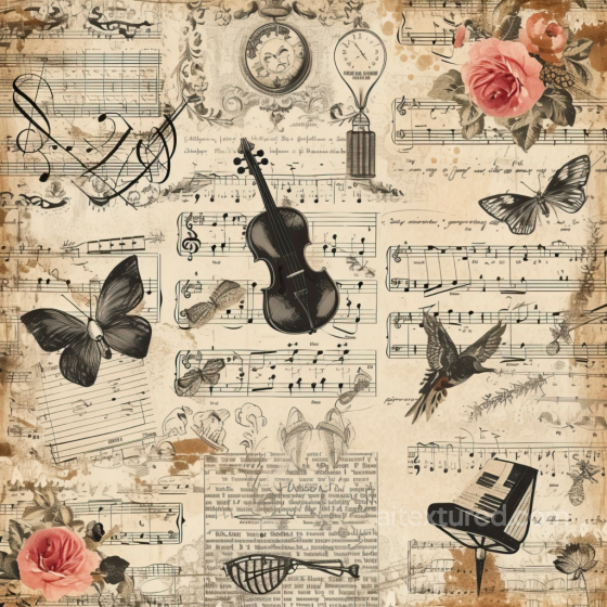 Seamless Vintage Scrapbook 3D PBR Texture with Musical Notes, Instruments & Floral Accents Vintage Scrapbook texture preview