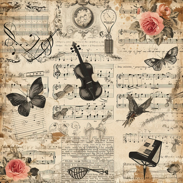 Vintage Scrapbook with Musical Notes, Instruments & Floral Accents seamless PBR texture preview