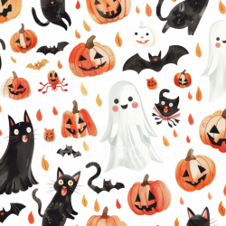 seamless Seamless 3D PBR Watercolor Halloween Texture with Pumpkins, Ghosts, and Black Cats texture 8k free download PBR