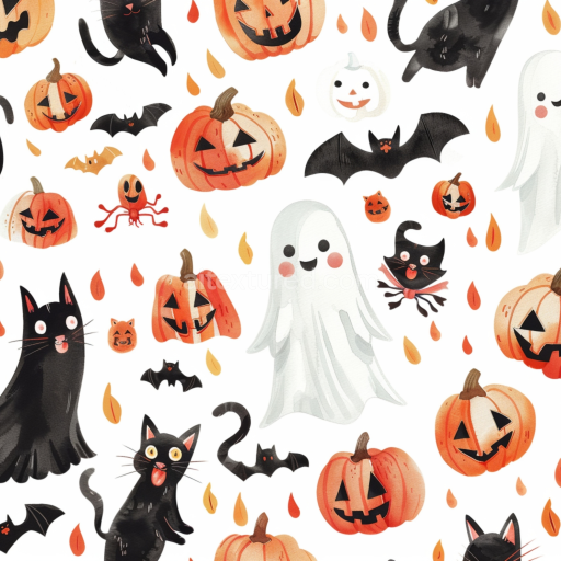 Seamless 3D PBR Watercolor Halloween Texture with Pumpkins, Ghosts, and Black Cats