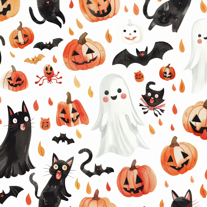 Watercolor Halloween with Pumpkins, Ghosts, and Black Cats seamless PBR texture preview
