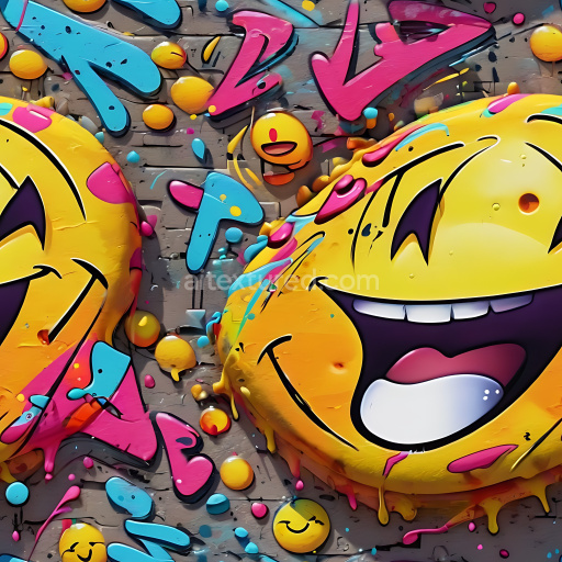 Seamless 3D PBR Graffiti Texture Featuring Vibrant Smiley Faces and Multi-Colored Drips