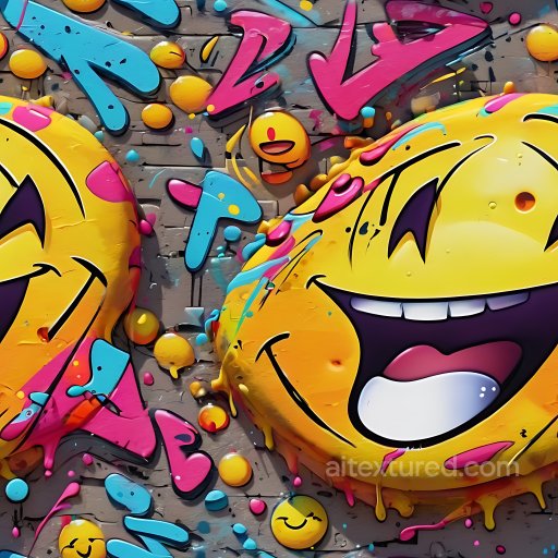 Seamless 3D PBR Graffiti Texture Featuring Vibrant Smiley Faces and Multi-Colored Drips texture preview