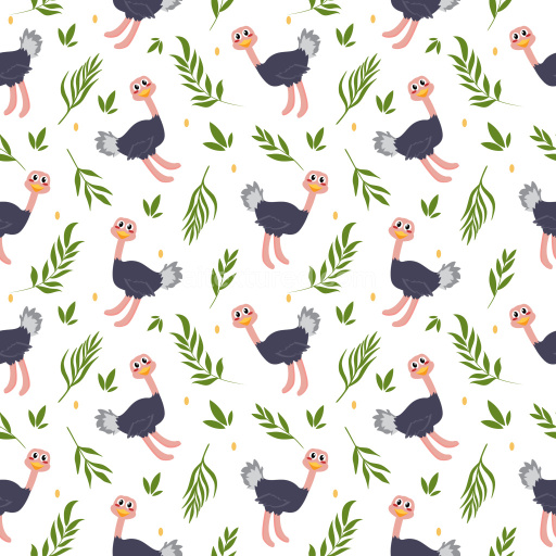 Pattern Bundle - Seamless 3D Pattern PBR Texture with Playful Ostrich Motifs and Green Foliage on White texture preview