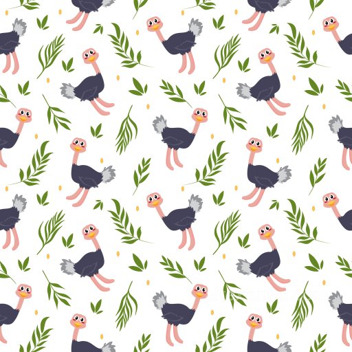 Pattern PBR Texture with Playful Ostrich Motifs and Green Foliage on White seamless Pattern Bundle PBR texture