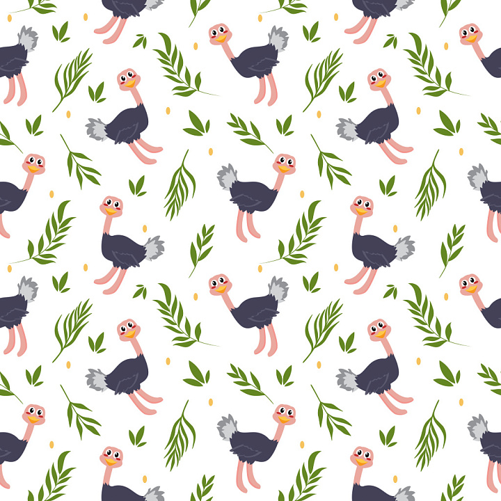 Pattern with Playful Ostrich Motifs and Green Foliage on White seamless PBR texture preview