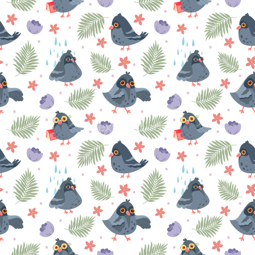Pattern Bundle - Seamless 3D Pattern PBR Texture Featuring Playful Cartoon Pigeons and Botanical Elements texture preview