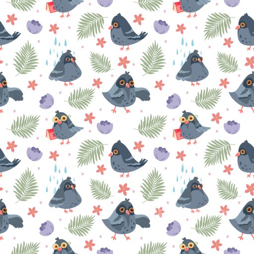 Pattern PBR Texture Featuring Playful Cartoon Pigeons and Botanical Elements seamless Pattern Bundle PBR texture