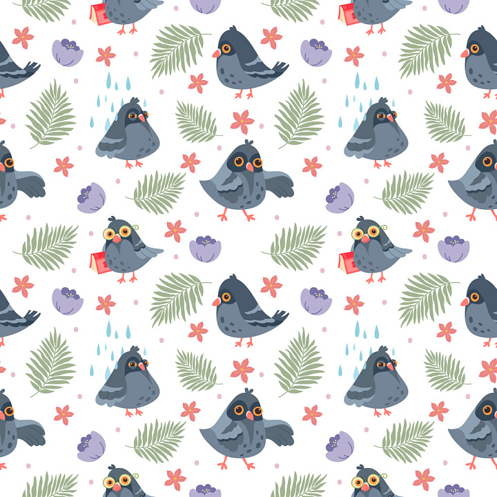 Pattern Featuring Playful Cartoon Pigeons and Botanical Elements seamless PBR texture preview