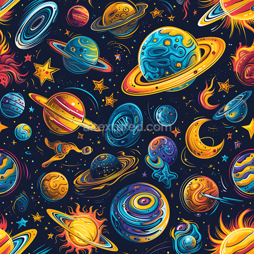 Seamless 3D Space PBR Texture with Cartoon Planets and Cosmic Elements