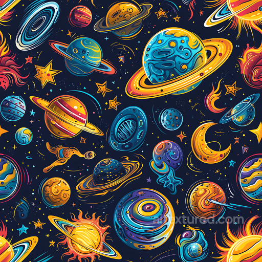 Space PBR Texture with Cartoon Planets and Cosmic Elements seamless Star, space, planets PBR texture