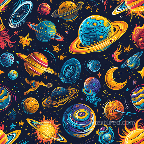 Space PBR Texture with Cartoon Planets and Cosmic Elements Star, space, planets texture preview