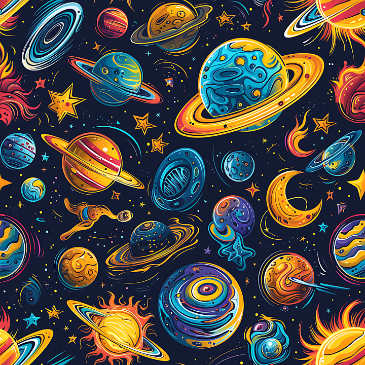 Space with Cartoon Planets and Cosmic Elements seamless PBR texture preview