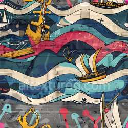 seamless Seamless 3D PBR Graffiti Texture Featuring Nautical Anchors, Boats & Wavy Patterns texture 8k free download PBR