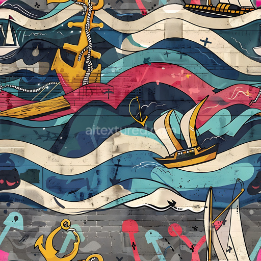 Seamless 3D PBR Graffiti Texture Featuring Nautical Anchors, Boats & Wavy Patterns