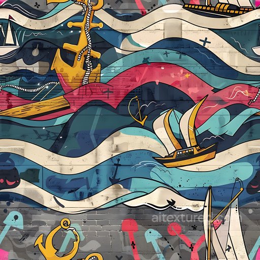 Seamless 3D PBR Graffiti Texture Featuring Nautical Anchors, Boats & Wavy Patterns texture preview