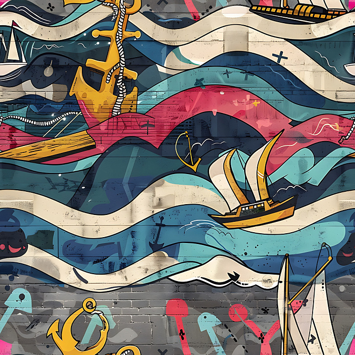 Graffiti Featuring Nautical Anchors, Boats & Wavy Patterns seamless PBR texture preview