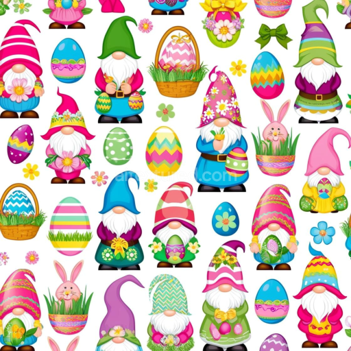 Seamless 3D PBR Texture Featuring Colorful Easter Gnomes and Decorated Eggs