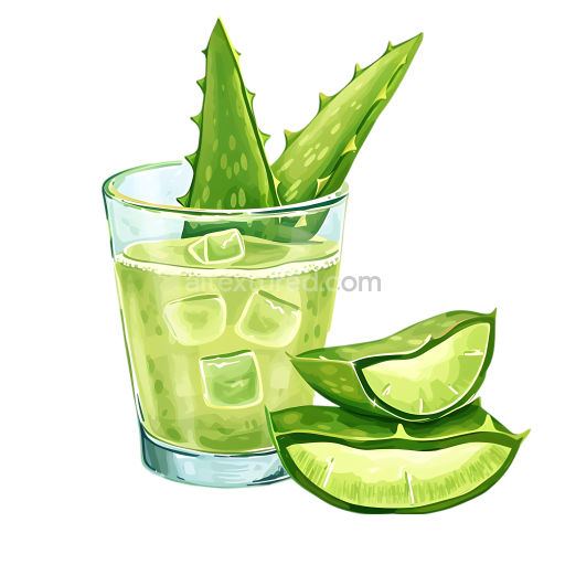 Breakfast Aloe Vera Juice Glass Illustration with Fresh Aloe Leaves