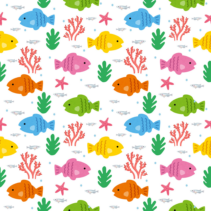 Pattern Featuring Colorful Cartoon Fish and Marine Motifs seamless PBR texture preview