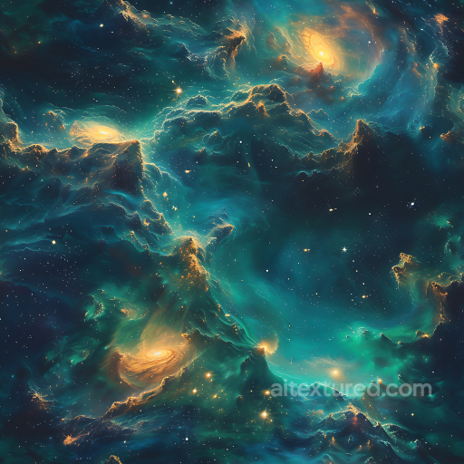 Space PBR Texture featuring Galactic Nebula with Glowing Starfield and Spiral Galaxies seamless Star, space, planets PBR texture