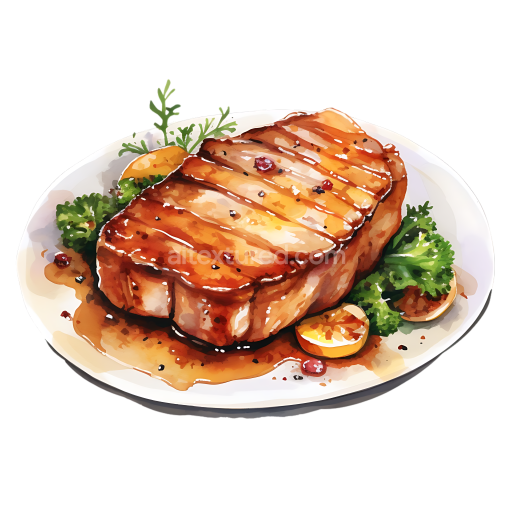 Grilled Pork Loin Steak Breakfast Plate Illustration with Herbs and Sauce