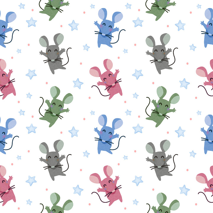 Pattern of Playful Multicolor Mouse Motifs with Stars on White seamless PBR texture preview