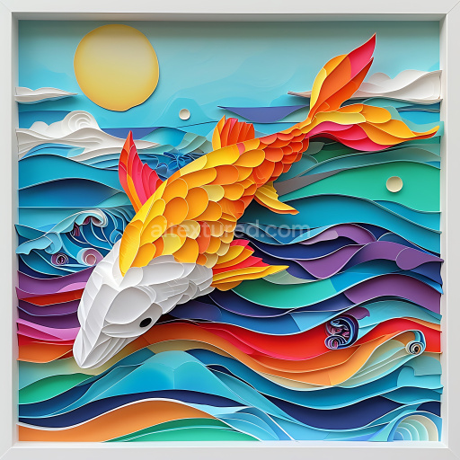 Seamless 3D PBR Texture of Vibrant Koi Fish Scales and Artistic Ocean Waves