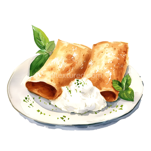 Watercolor Breakfast Illustration of Blintzes with Cottage Cheese and Fresh Herbs