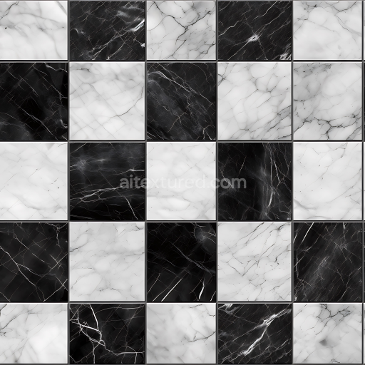 Seamless 3D PBR Texture of Black and White Checkered Marble Floor with Elegant Veins