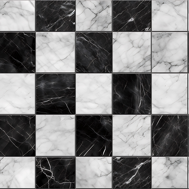 Black and White Checkered Marble Floor with Elegant Veins seamless PBR texture preview