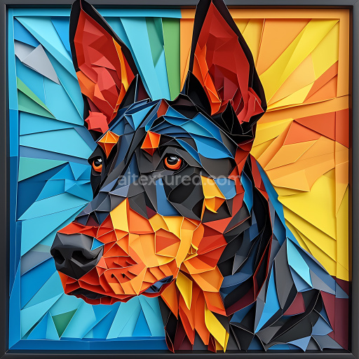 Seamless 3D PBR Texture Featuring Dobermann Dog Origami Art with Vibrant Triangular Panels