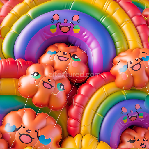 Seamless 3D Inflated PBR Vinyl Balloon Texture Featuring Colorful Cartoon Faces and Puffiness